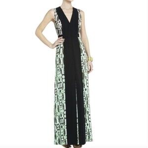 BCBGMaxAzria Green and Black Maxi Dress with Front Slit, Size S